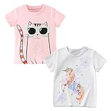 Codkkre Mädchen T-Shirt 2er Pack Baumwolle Tshirt Einhorn Kinder Kurzarm Rundhals Oberteil Sommer Kleidung für Kind 3-8 Jahre, Katze Rosa/Einhorn Weiß, 122
