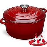 Overmont Bräter emaille Gusseisen Topf - Schmortopf 28cm backofengeeignet - mit Deckel und Kochbuch - für Küche Backen Schmoren Braten Rot
