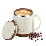 VPRO Kaffeebecher 350ml - Doppelwandiger Vakuum-Isolierbecher aus Edelstahl, Schwarz, mit Schiebedeckel und Griff (White, Khaki Base)