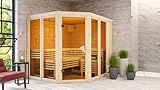 CHILLROI Esma Sauna 231x196 cm | Eckeinstieg & spiegelbarer Aufbau | 68 mm Wandstärke mit Mineralwolldämmung | Glasfront mit bronzierter Tür & Fenstern | 3 Liegen aus Espe