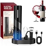 Hotec Korkenzieher Elektrisch, Weinflaschenöffner Set, Automatischer Flaschenöffner, Geschenkidee Weinflaschenöffner, Korkenzieher Wein mit Kapselschneider, USB-Kabel, Ausgießer, Vakuumstopfen