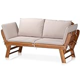 KHG Gartenbank Akazie geölt, Daybed, Sonnenliege, Lounge-Set Gestell Braun klappbar, abnehmbare Auflagen aus Polyester Hellgrau, wetterfest, 260 kg belastbar