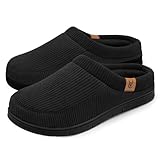 VeraCosy Herren Cord Mokassin Hausschuhe Memory Foam Winter Pantoffeln Mattschwarz, 44-45 EU