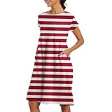 T-Shirt-Kleider für Damen, kurzärmelig, Sommer-Tunika-Kleid, lässig, gestreifter Druck, knielang, Kleider für Damen, lockeres schwingendes kurzes Kleid, Urlaub, Strand, Sommerkleid mit Taschen für