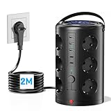 Pluackg Mehrfachsteckdose mit 5 USB, 12 Fach Steckdosenleiste mit Schaltbar Überspannungsschutz, 2M Verlängerungskabel Steckdosenturm Mehrfachstecker für Zuhause, Büro Schwarz