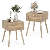 Giantex Boho Rattan Nachttisch 2er Set, Mid Century Holz Nachttisch mit Rattan Weberei Schublade, Nachttisch mit Massivholzbeinen, Beistelltisch für Schlafzimmer Aufbewahrung, Natur