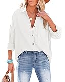 NONSAR Bluse Damen Lässiges Hemd mit V-Ausschnitt 100% Baumwolle Lockere Passform Solide Dickes Oberteil Elegant mit Tasche(9353M,Weiß)