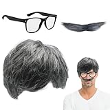 XNIVUIS 3 Stück Opa Perücken Bart Brillen Set Herren Perücken Bart Kostüm Männer Perücken Männer Kostüm Graue Perücken Opa Kostüm Zubehör Herren Kostüm Zubehör Old Man Perücken für Partys(3 Stück)
