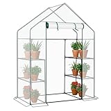 LEADZM Gewächshaus mit UV-beständiger PE-Gitterfolie，4 Metallablagegittern, Sturm-Winterfest, Schutz vor Kälte,Frost, Anzucht für Tomaten & Pflanzen, Balkon Garten (Transparent, 142 x 74 x 196 cm)