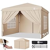 Sunula Pavillon 3x3 Wasserdicht Stabil Winterfest mit 4 Seitenwänden, Faltpavillon 3x3m mit Verdickten Röhren, Partyzelt Gartenpavillon Faltzelt für Camping Festival Party, (Khaki)