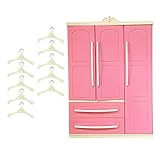 Milageto Puppengarderobe mit 10 Kleiderbügeln, Kleiderorganisation, Puppenhausdekoration, Schublade zum Öffnen, Aufbewahrungsschrank, Geburtstagsgeschenke für Kinder, Garderobe