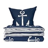 Schiesser Bettwäscheset Marina | 2-teilig | Maritim | Renforcé | 100% Baumwolle | Oeko-Tex Zertifiziert | Reißverschluss | 135x200cm + 80x80cm | Dunkelblau