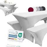 Beautissu Edles Strechhussen Set 3tlg. Victoria - Elastische Hussen für Bierzeltgarnitur 220x70 cm – Festliche Husse Biertisch + 2 Bierbank - Bierzeltgarnitur Hussen in Weiß