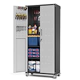 BIZOEIRON Werkzeugschrank Groß, Metallschrank mit Rädern, Garagenschrank mit 2 Türen Und Pegboard, Rollender Werkstattschrank, Montage Erforderlich, Schwarz & Grau