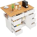 Kücheninsel, Moderne Küchenschrank, Ausziehbarer Küchenwagen mit Rollen und Arbeitsplatte, Servierwagen mit Gewürzregal und 8 Schubladen (Weiß)
