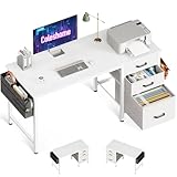 Coleshome Schreibtisch mit 3 Stoff Schubladen, 120x48cm Computertisch mit Kopfhörer Halter und Aufbewahrungs Tasche, Reversibler PC-Schreibtisch Bürotisch für kleines Heimbüro, Weiß