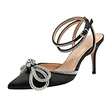 KOMBIUDA Elegante Damen Sandaletten mit Dünnem Absatz Spitze Zehen Satin-obermaterial und Strassbesatz Verstellbare Riemen Sommerliche High-heeled Schuhe für Festliche Anlässe und Alltag