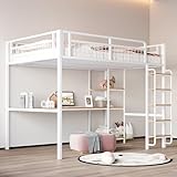 Lubvtti Hochbett, 140 × 200 cm, Sicherheitsleiter mit Stufen, Kinderbett mit Tisch und Ablage, Sicherheitsbarriere aus Drahtgeflecht, weiß (Matratze nicht im Lieferumfang enthalten)