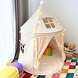 ALRITHO® Spielzelt für Kinder (warmbeige), aus weichem Silky-Cotton-Stoff | 1 Eingang & 3 Fenster (TripleAir-Effect) | inkl. Tasche & Bodenmatte | stabiles Spielhaus | Tipi für Jungen & Mädchen