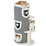 PawHut Kratztonne, 101 cm hoch Katzentonne mit Höhle, Spielball, Plüschrand, mehrstöckig Kratzbaum mit Sisal-Kratzbäumen, oberem Bett, Plattformen, Katzenhöhle Katzenhaus für Katze bis 6 kg, Grau