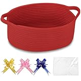 COMSE Kleiner gewebter Korb mit Geschenktüten und Bändern, Geschenkkorb leer, Korb für Geschenke, Baby-Spielzeugkorb, Kindergartenkorb, Baumwollseilkorb zur Aufbewahrung, 30,5 x 20 x 13 cm, Rot