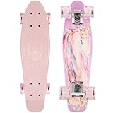 Arrow Board - 22 Zoll Skateboard, KMX Mini Cruiser Skateboard für Kinder, Jugendliche, Junge und Mädchen, Retro Stil Penny Board. LED Leuchtrollen (22 Zoll Pink Rosa Einhorn)