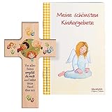 MaMeMi KINDER-HOLZKREUZ „GOTT BESCHÜTZE MICH“ – ca. 15 x 9 cm – Echtholz mit Segensspruch – TAUFKREUZ ZUR GEBURT ODER TAUFE – Wandkreuz für Kinderzimmer – KINDERKREUZ Inkl. Gebetsbüchlein