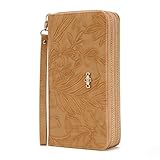 AdiStylinno Portemonnaie Damen, Große Kapazität Blumendruck Lange Geldbeutel für Damen, PU Leder Kreditkartenetui Geldbörse mit Reißverschlusstasche Multi Card Slots großen Fächern (Dunkles Khaki)