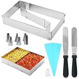 JASFLY Backrahmen Rechteckig Verstellbar Länge 28-53cm Tortenring Wiederverwendbar Edelstahl Kuchenform Eckig mit Teiler,Spatel, Set Dekorativer Düsen für Kuchen Pizza Backen Party Dekorieren
