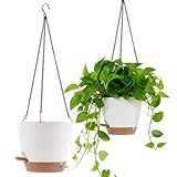 SINJEUN 2er Set Hängender Blumentopf, 20,3 x 17,8 cm Hängetopf mit Wasserspeicher, Weiß Blumenampel Hängend für Pflanzen, Innen und Außen