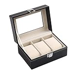 Uhrenbox Mit 3 FächernUhren Aufbewahrungsbox Uhrenkasten mit Glasdeckel Uhren Aufbewahrung aus PU Leder und Samt Schwar,Tolles Geschenk für Die Liebsten Schwarz(15.8*11*8cm）