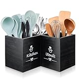 Aenmido Kitchen Utensilhalter mit Entwässerungboden, Holz Utensil Organizer große 3 Fächer Fester Echtes für Küchentheke, Kochwerkzeuge für Bauernhäuser für Arbeitsplatten
