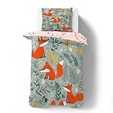 PNHCL Kinderbettwäsche 100x135 Fuchs Mädchen Junge Bettbezug 100x135 und 1 Kissenbezug 40x60 cm, Weiche Mikrofaser Bettwäsche-Sets für Kinder, Blumenblattmuster Wendebettwäsche mit Reißverschluss