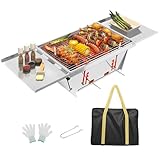 Dripex Holzkohlegrill Faltbare, Einstellbar Campinggrill Tragbarer Edelstahl Klein Klappgrill mit Tasche für BBQ Camping Outdoor Grillparty Reisen (Silber: 65 x 25 x 14cm)