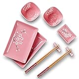 Panbado Porzellan Japanisch Sushi 10-teilig Service Geschirrset, Rechteckig Sushi Teller mit Reisschalen, Dipschälchen, Bambus Essstäbchen und Essstäbchen Ablage für 2 Personen, Sakura Muster, Rosa