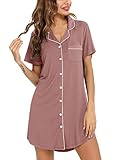 Anjue Damen Nachthemd Kurzarm Pyjama Top Nachthemd Knopfleiste Nachtwäsche Schlafshirt Nachthemd Kurzarm Rosa M