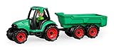 LENA Truckies Traktor mit Anhänger 38 cm, grün, robustes Sandkasten Spielzeug mit abnehmbaren Anhänger, klappbare, Fahrerhaus, Kippmulde & Spielfigur, für Kinder ab 2 Jahren,