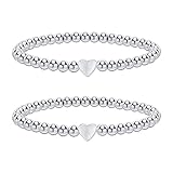 ZIGefofo 2 Stück Elastische Kugelarmband Edelstahl Armband Herz Silber Kugeln Armkette Kugelkette Armband Stretch Armband Damen Freundschaftsarmband Schmuck Geschenk für Mädchen Frau Freundin