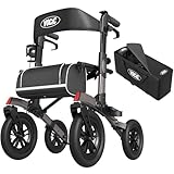 VOCIC Rollator Faltbar und Leicht mit Sitz,Outdoor Rollator mit Gummi-Nonluftbereifung für Allen Gelände,Aluminium Höhenverstellbare Rollatoren für Draußen&Langlauf&Reisen,Grau(5 Jahre Garantie)