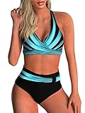 Adigaber Damen Zweiteiliger Badeanzug V Ausschnitt überkreuztes Blumenmuster Bikini Bademode Bauchkontrolle Bikini Sets XL Blau gestreift