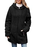 Vancavoo Teddy Mantel Damen Teddyfleece Jacke Sweatjacke Kuscheljacke Winter Warm Fleecejacke Flauschige Winterjacke Plüschmantel Fleecemantel Lang Kapuzenjacke,Schwarz,L