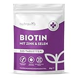 Biotin + Selen + Zink Tabletten für Haut, Haare & Nägel - 365 vegane Tabletten für 1 Jahr - Haar Vitamine für Haarwachstum - Biotin Zink Selen Hochdosiert - Laborgeprüft - Nutravita