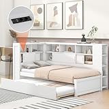 Plattformbett mit Ausziehbett 90x200cm(90x190cm), Tagesbett mit Staufach und USB, Daybett Kinderbett Einzelbett, Lattenrost aus Holz, Ohne Matratze (Weiß)
