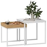 HOMCOM 2er-Set Couchtisch, Eckiger Beistelltisch, Kaffeetisch mit Stahlgestell, Sofatisch im modern Design, für Wohnzimmer, bis 30 kg Belastbar, Weiß+Eiche