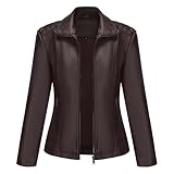 YYNUDA Lederjacke Damen Elastischer Stoff PU Bikerjacke Reißverschluss Einfarbig Leder Stehkragen Motoradjacke Kaffee M