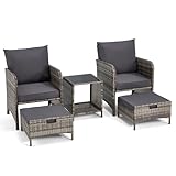 EROMMY 5-teiliges Gartenmöbel-Set, Rattan Balkonmöbel Set mit Kaffeetisch, 2 Sesseln, 2 Hockern & waschbaren Kissen, Wetterfeste Terrassenmöbel für Garten, Balkon oder Poolbereich