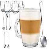 Cosumy 6 Latte Macchiato Gläser mit Henkel und Löffel - 300ml - Hält lange warm - Ideale Größe für Kaffeevollautomaten - Spülmaschinenfest