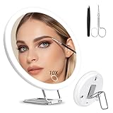 Junyaoxuan Vergrößerungsspiegel mit 10-facher Vergrößerung mit Licht, 15,2 cm großer Make-up-Spiegel, 3 Farben, dimmbarer Make-up-Spiegel mit Tischständer, tragbarer LED-Vergrößerungsspiegel mit 3