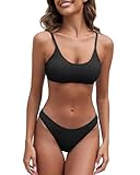 Fanuerg, Geripptes Damen-Bikini-Set, U-Ausschnitt, frecher Badeanzug, strukturiert, Zweiteiliger Badeanzug, Schwarz, S