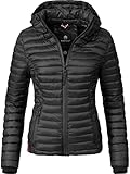 MARIKOO leichte Damen Übergangsjacke kurz mitteldick gefütterte Steppjacke mit Kapuze Samtpfote Schwarz Gr. M